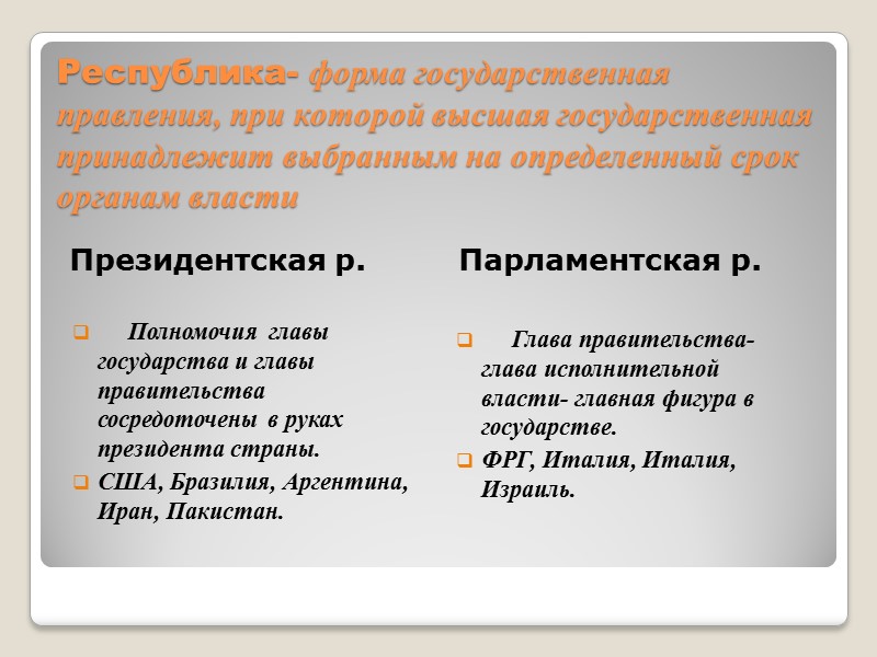 Республика- форма государственная правления, при которой высшая государственная принадлежит выбранным на определенный срок органам